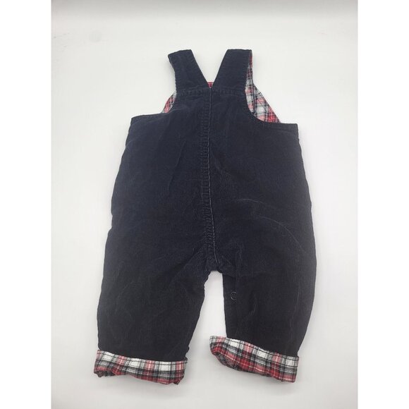 Carter's Baby Boy 3M Corduroy Plaid Overalls Black Red Train Holiday - Picture 2 of 6